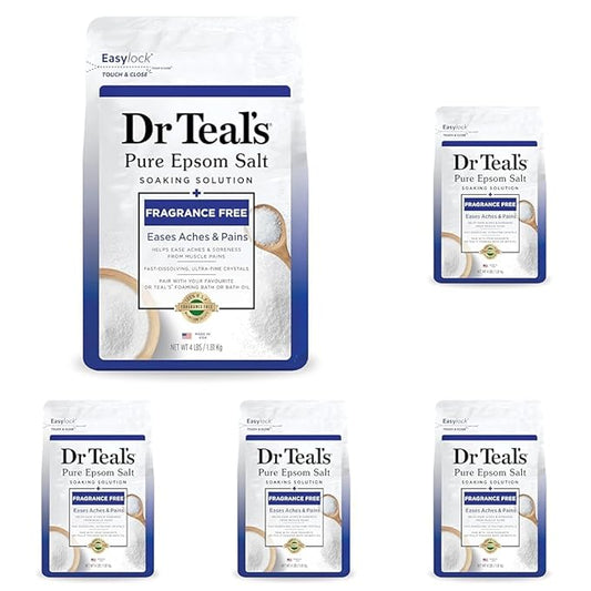 Dr Teal's Pure Epsom Salt Soak, Fragrance Free, 4 lbs (Packaging May Vary) (Pack of 5)
