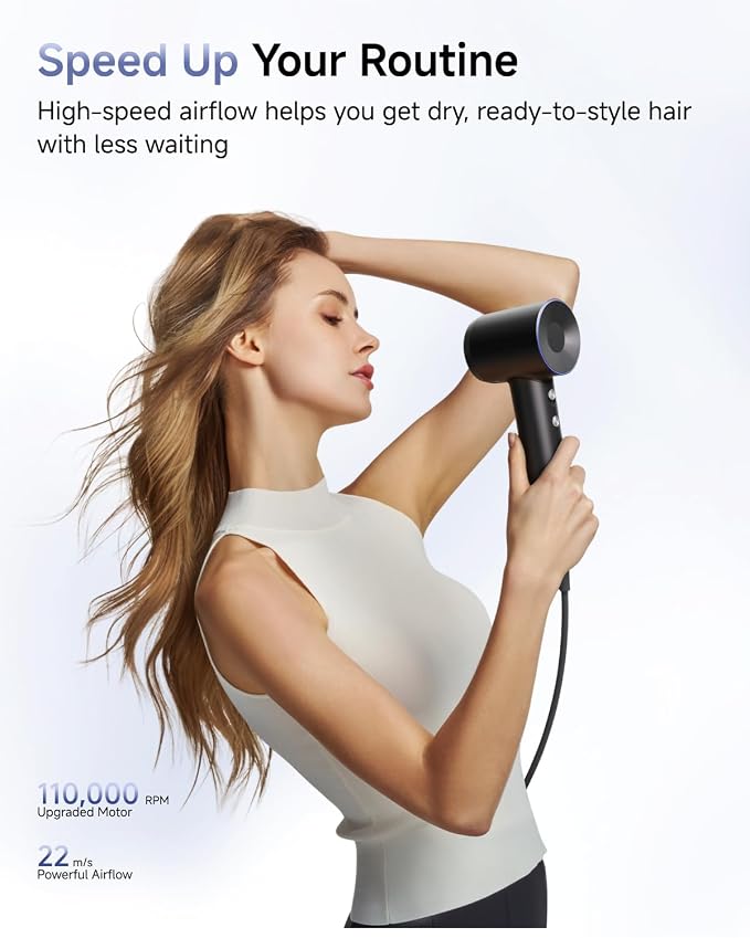 Laifen Swift Special Hair Dryer, High Speed 200M Ionic Blow Dryer with 110, 000 RPM Brushless Motor for Fast Drying, Low Noise, Hairdryer with Magnetic Nozzles, HD501