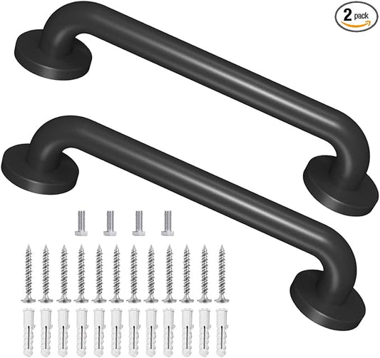 2 Pack 16 Inch Metal Industrial Handrail Grab Pipe Staircase Steps Indoor Exterior Outdoor Deck Hand Rail Safety Grab Bar (Matte Black) Handle for Stairs Bars Wall Elderly Grab Wall Mounted
