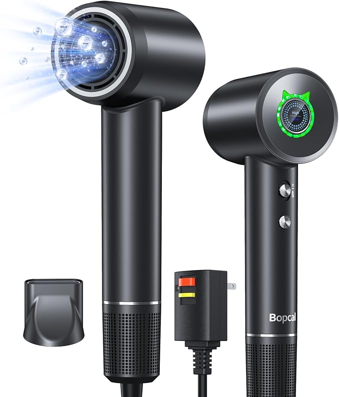 Bopcal Ionic Hair Dryer, 160000 RPM Brushless Motor, Smart Thermo-Control, Negative Ion Fast Drying, Quiet Lightweight Blow Dryer, Cold Air & 4 Heat Settings, for Home Travel Salon (Black)