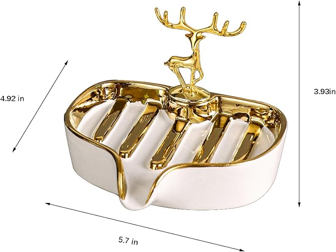 Soap Dish, Luxurious Ceramic Soap Dish Self Draining Soap Holder Tray Easy Cleaning Soap Saver for Shower Bathroom Kitchen Sink Bathtub Hotel Travel（White Painted in Gold）