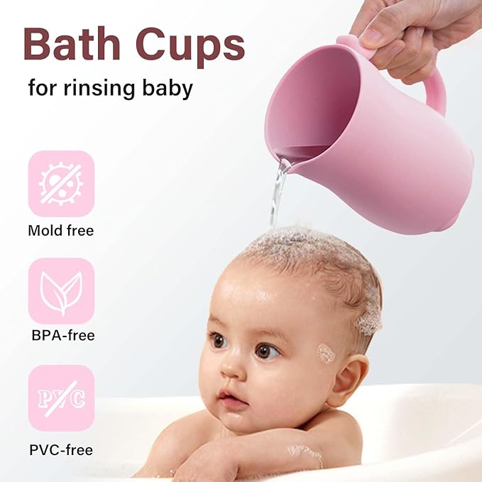 mandoo Baby Bath Rinse Cup - Food Grade Silicone - Shampoo & Body Washing Rinser Cup for Kids with Easy Grip Handle to Rinse Baby Shampoo and Soap - Baby Essentials (Pink+Brush)