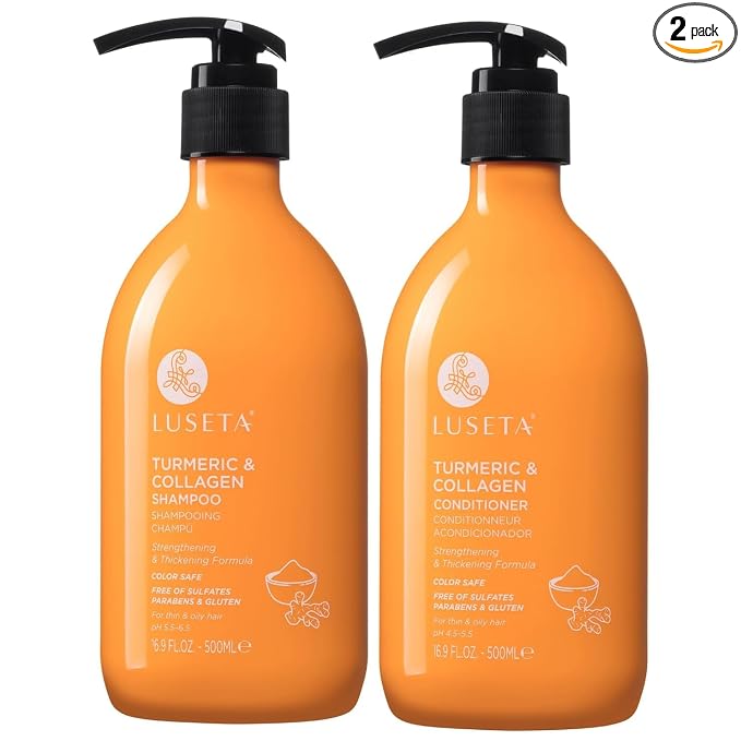 Luseta Volumizing Shampoo and Conditioner Set for Thin Fine Hair - Thickening & Plumping with Turmeric & Collagen, Lightweight Body Building for Flat Limp Hair, Sulfate-Free (2 x 16.9oz)