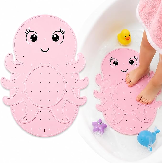 Kids Bathtub Mat Non Slip, Soft Silicone Octopus Baby Bath Mat for Tub, Toddler Bath Mat with Large Suction Cups, Washable Anti Slip Shower Mat for Children, Smooth Tub Surface Only