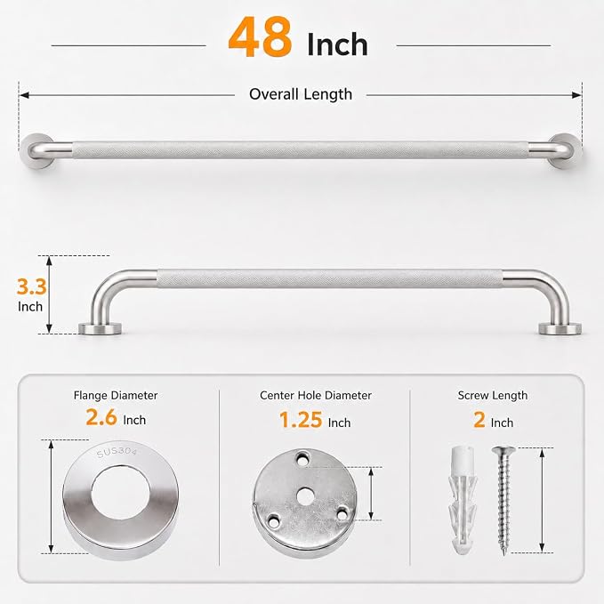 48 Inch Shower Grab Bar, Bathroom Grab Bar Handle with Anti-Slip Knurled Grip, Stainless Steel Bath Balance Bar, 1.25" Diameter Bath Safety Bar Support for Seniors Elderly Pregnant, Brushed Nickel