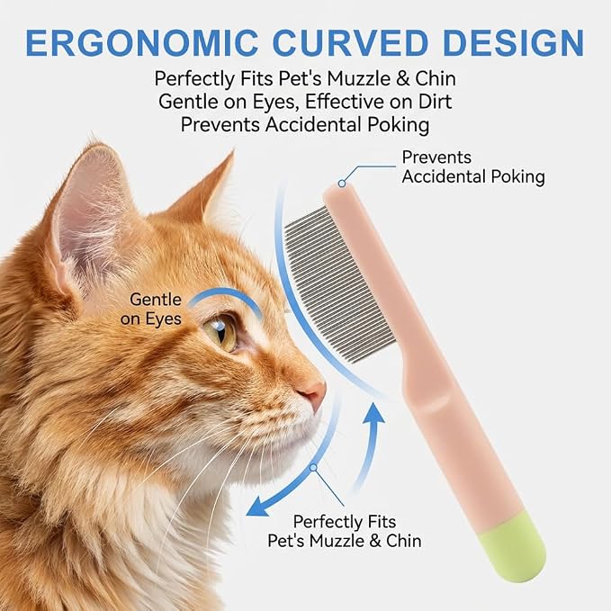 2 Pcs Dog Eye Comb Stainless Steel Pet Grooming Comb, Dog Flea Combs Pet Facial Brush, Round-Tip Arc Teeth Stress-free Tear Stain Remover for Puppy Cat