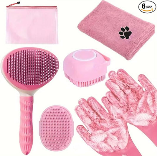 6-Piece Dog and Cat Grooming Kit - Self Cleaning Slicker Brush, Deshedding Brush, Bath Brush with Soap Dispenser, Grooming Bath Gloves, Microfiber Towel and Storage Pouch (Pink)