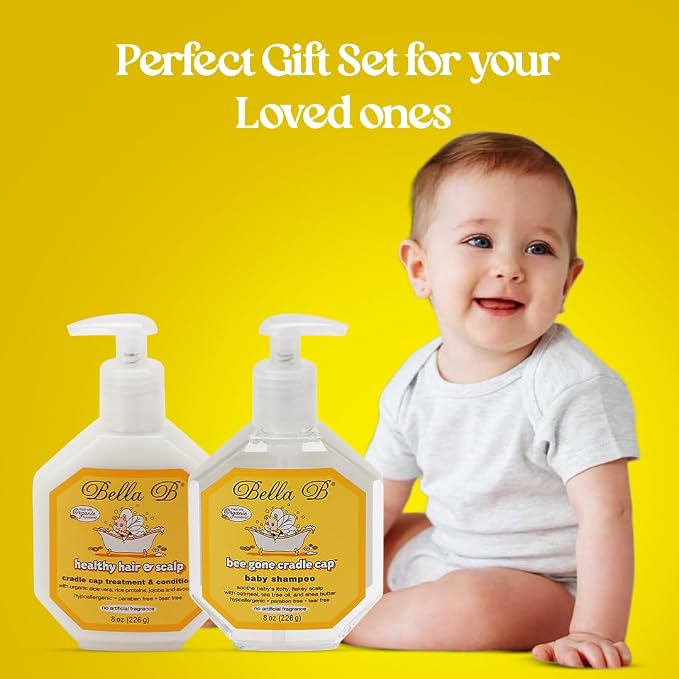 BELLA B GIFT SET Organic Cradle Cap Shampoo & Conditioner Treatment for Babies 8oz, Natural Ingredient Baby Shampoo with Complete Care Set for Baby Cradle Cap | Baby Hair Conditioner for Toddler