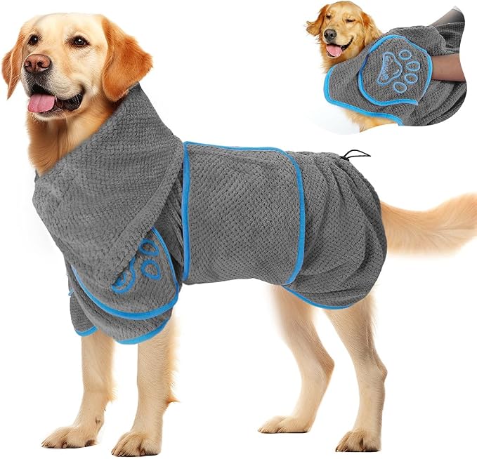 SlowTon Dog Bathrobe Drying Coat – Super Absorbent Microfiber Towel Wrap with Adjustable Collar & Belly Strap, Fast Drying Bath Robe for After Bath Swim, for Large, Medium, Small Dogs (Grey M)