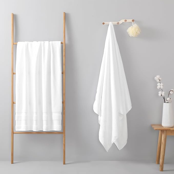 REDKISS 100% Cotton Bath Towels Set of 2, Oversized Bath Sheets 35 x 70 Inches, Soft & Absorbent Large Bathroom Towels, Quick Dry Cotton Towels for Bathroom, Gym, Spa, Pool & Family Use, White