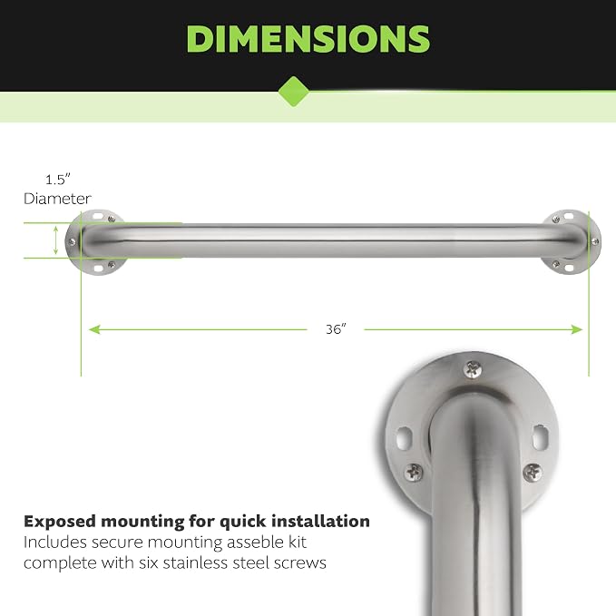 Homewerks 068 HW11236SS 36 Inch Bathroom Grab Bar with 1-1/2 Inch Diameter and Exposed Screws ADA Compliant - Brushed Stainless Steel