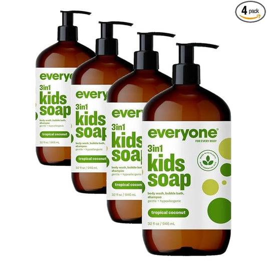 Everyone 3-in-1 Kids Soap, Body Wash, Bubble Bath, Shampoo, 32 Ounce (Pack of 4), Tropical Coconut, Coconut Cleanser with Plant Extracts and Pure Essential Oils