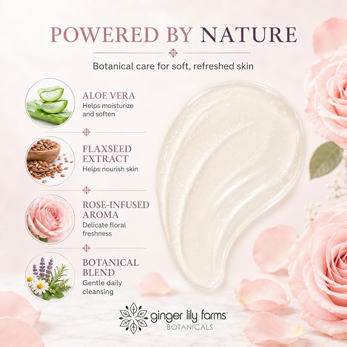 Ginger Lily Farms Botanicals Nourishing Body Wash, 100% Vegan & Cruelty-Free, Whispering Rose Scent, 16.9 Fl Oz (Pack of 6)