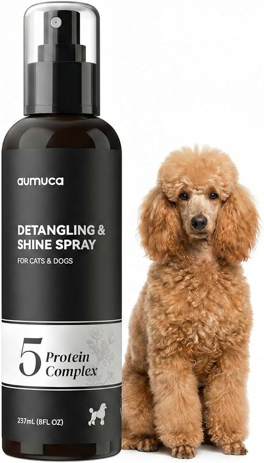 aumuca Dog Detangling & Shine Spray – Leave-in Conditioner & Dematting Spray for Doodles, Cats & Horses Without Buildup | 5-Protein Complex for Deep Repair & Enhanced Shine | 8 Fl Oz (Meadowfoam)