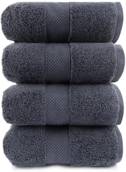 Maisonette Loft Egyptian Cotton Turkish Bath Towels, Soft, Absorbent, Ideal Quick Dry Large Luxury Bath Towel Set for Shower (30" x 58", 4 Pack), Dark Grey (Charcoal)
