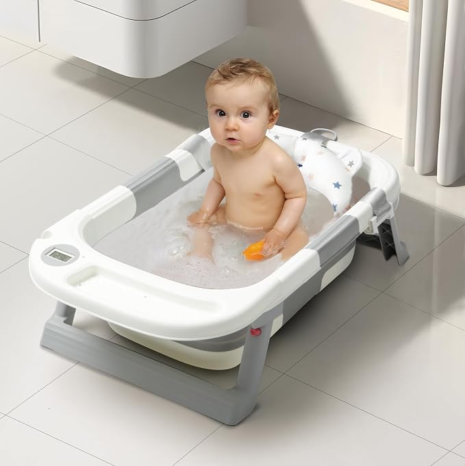 Baby Bathtub for Newborn Infant, Collapsible Baby Bathtub with Temperature Display & Soft Cushion, Infant to Toddler Bathtub, Portable Foldable Travel Bath Tub, 0-24 Months (Grey)