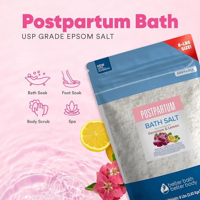 Postpartum Sitz Bath Soak 128 Ounces (8 Lbs) Bulk Bag Postpartum Care for New Moms Bath Salt with Essential Oils in Easy Press Lock BPA Free Pouch Made with Natural Ingredients Made in USA