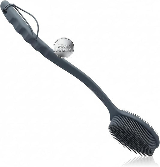 Avilana Silicone Body Scrubber for Shower – SGS Certified Food Grade Dual Sided Bath Brush, Gentle Exfoliating Silicone Loofah Alternative, Sensitive Skin Body Brush (Dark Gray-Silver, Long Handle)