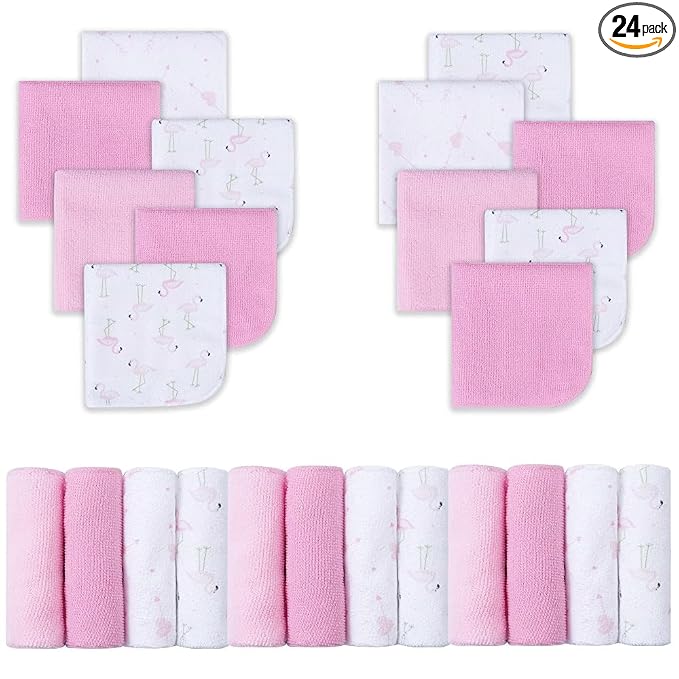 Viviland Baby Washcloths, 24 Pack Super Soft Baby Bath Towels for Newborn, Absorbent Face & Body Wash Cloth for Baby Girl, Flamingos Pattern, 9 x 9 inch