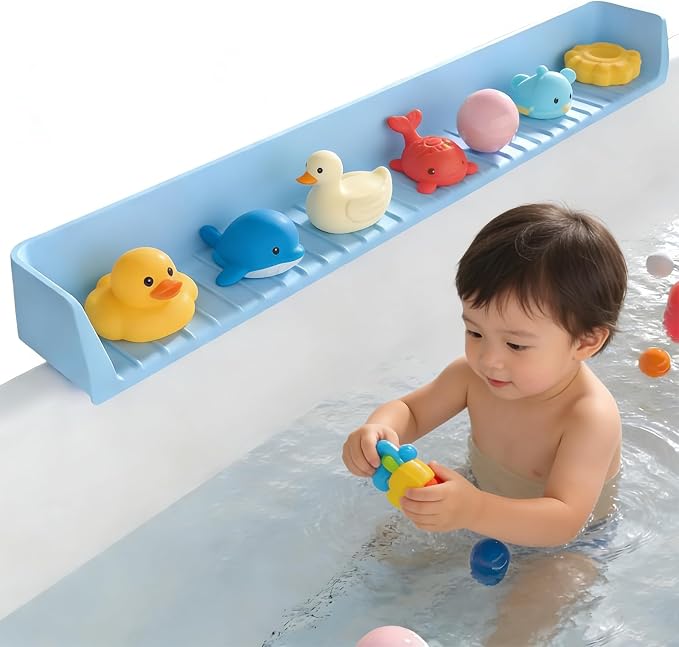 Bathtub Splash Guard for Kids – Silicone Bath Tub Splash Guard with Suction Cups, Play Shelf & Toy Holder, Fun Bath Time for Toddlers Baby (Blue)