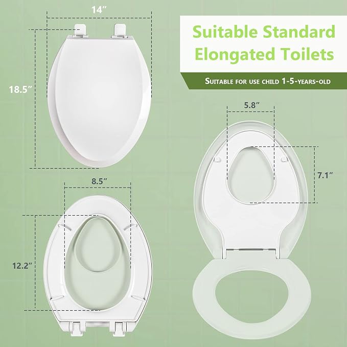 Elongated Toilet Seat with Toddler Seat Built In, Slow Close, Fits both Adult and Child, Potty Training Seat, Magnetic Kids Seat and Cover, Plastic, White