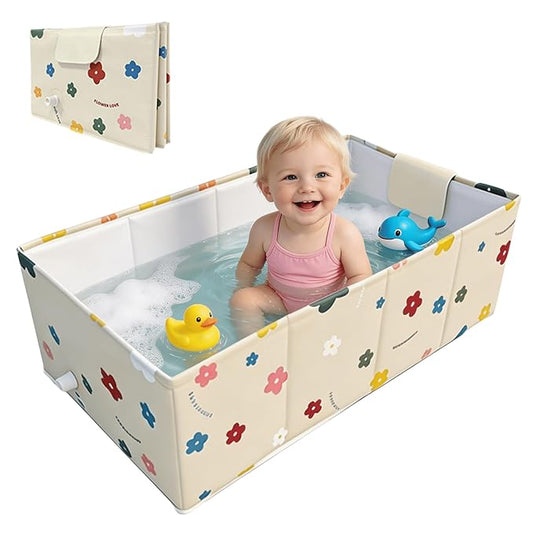 Baby Bathtub, 5-Layer Anti-Tear Foldable Toddler Bath Tub with Padded Bottom Drain Plug, Portable Collapsible Baby Bath for Travel, Shower, Sink, Indoor & Outdoor, 6 Months to 5 Years