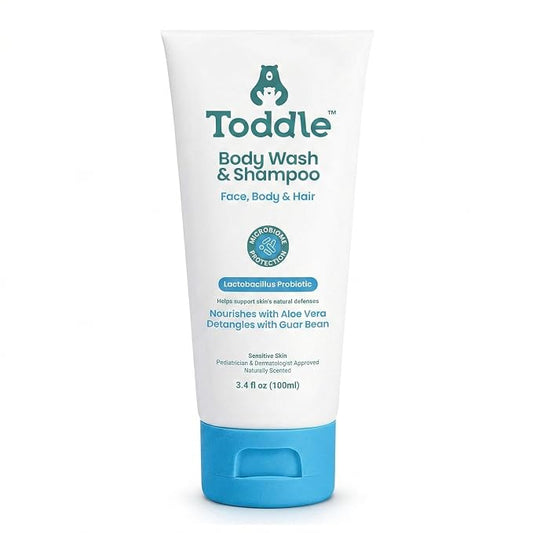 Toddle 3-in-1 Probiotic Baby Shampoo and Body Wash, Plant-Based Kids’ and Toddler Body Wash for Sensitive Skin with Aloe and Lactic Acid, Fragrance-Free, Pediatrician Tested, 3.4 oz