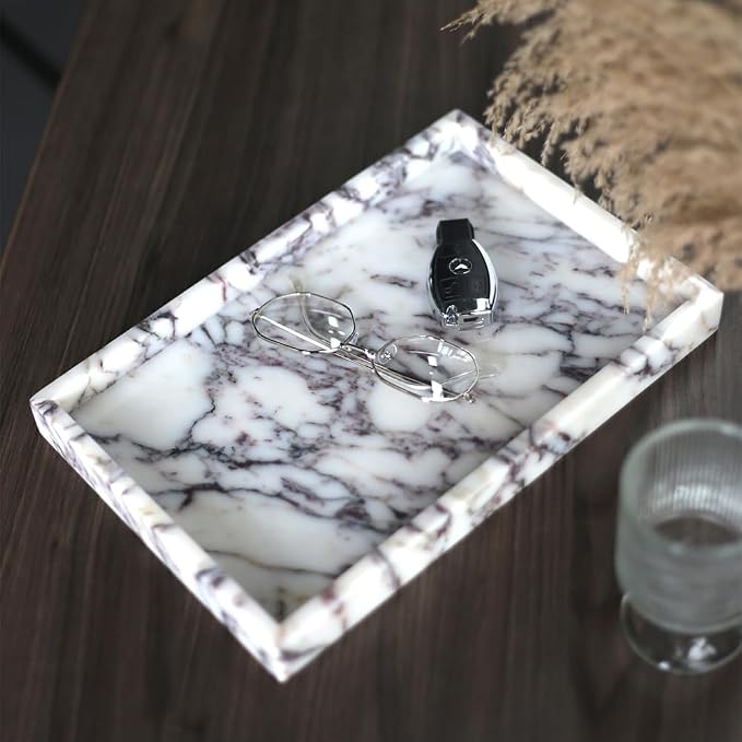 Luxurious Natural Marble Tray Hand Towel Organizer for Disposable Paper Napkins, Jewelry, Makeup Bathroom Vanity Sink Comestic Holder Bathtub Decorative Organizer Perfume Tray/Calacatta Viola