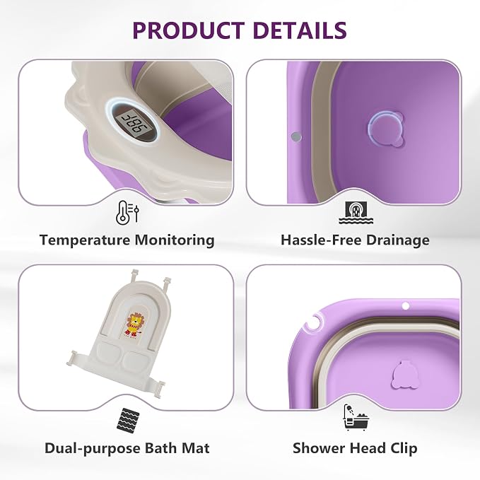 MoreFeel Foldable Baby Bathtub with Thermometer - 4-in-1 Grow-with-Me Collapsible Infant Tub (Newborn to Toddler) with Adjustable Mesh Sling - Space Saving Design
