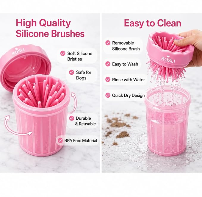 ROSLI Dog Paw Cleaner Cup - Portable Pet Paw Washer for Dogs - Deep Cleaning Mud & Dirt - Silicone Brush - Easy to Use & Wash (Pink, Small)