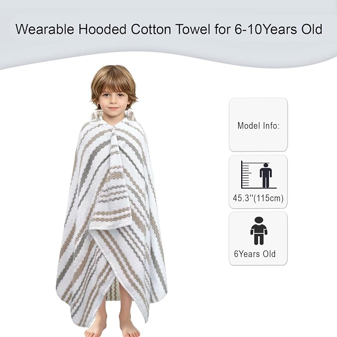 VOOVA & MOVAS Hooded Bath Towels for Kids | Soft Absorbent 100% Cotton Thick Towel Wrap | Versatile Beach, Pool, Swim & Bath Cover-Up | White Brown Grey Multi Vertical Stripe