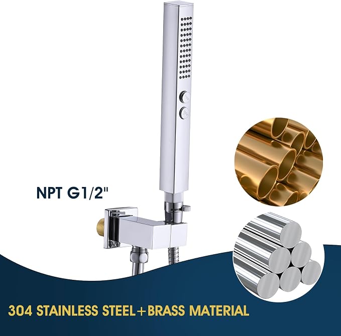 All-Metal High Pressure Square Handheld Shower Head with Jet Spray and Rainfall Modes, Volume Control Regulator, ON/OFF Switch, Hose and Wall Mounted Adjustable Bracket, Chrome