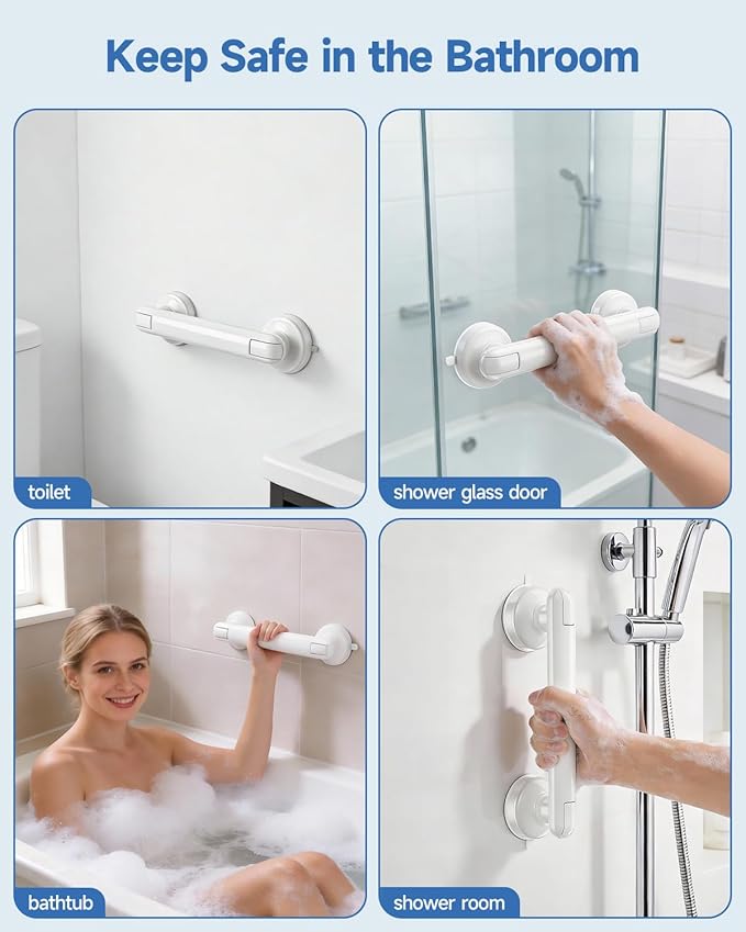 Suction Shower Handle, 2 Pack Grab Bars for Shower and Bathroom, Removable Safety Grip No Drilling & Waterproof, Heavy Duty Suction Cup Bath Handrails Grab Bars for Bathtubs, 11 inch - White