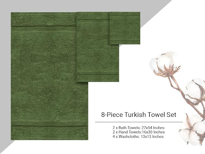 Towel Bazaar 8-Piece Towel Set, 100% Premium Cotton Turkish Towels,Luxury Towel Super Soft and Absorbent, Perfect Use for Bathroom, Shower Towels - Moss Green