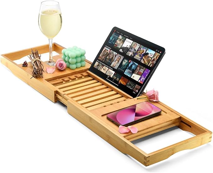 Luxury Foldable Bathtub Tray Caddy - Waterproof Wood Bath Tray for Tub, Expandable Size Fits Most Tubs, Bathroom Accessories for New Home & Mothers, Birthday Gifts for Mom