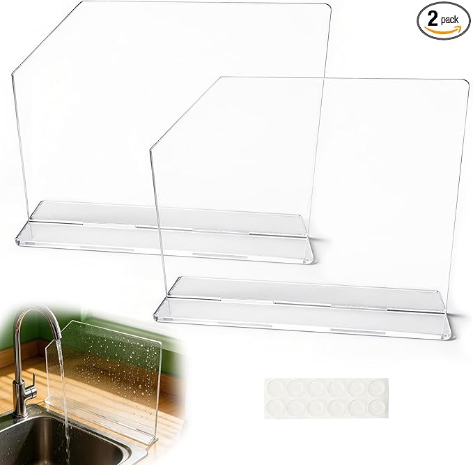 2 Pcs Acrylic Sink Splash Guard with Self-adhesive Anti-slip Rubber Pads Clear Splash Guard for Kitchen Sink Area for Restroom, Laboratory, Office (15.7"x11.8")