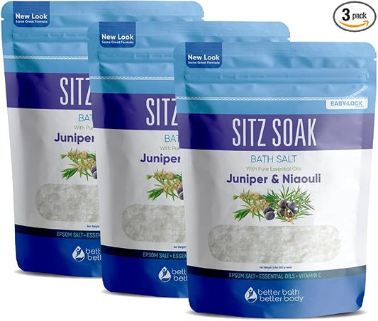 Sitz Bath Salt (3 Pack Soaks Bundle) Hemorrhoid Soothing Sitz Soak USP Grade Epsom Salt 3 Pouches 6 Lbs Total with Pure Essential Oils in BPA Free Pouch with Easy Press Seal Made in USA