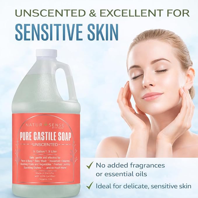 Organic Castile Soap Liquid Unscented 64 oz - Baby Body Hand Wash Shampoo | NaturSense plant-based liquid soap for baby, body, hands, hair, dishes, pets, home - organic oils, sulfate & paraben free