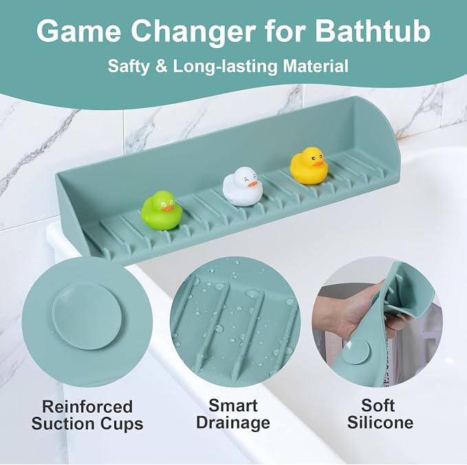 Tub Splash Guard for Kids, Water Splash Guard for Bathtub Edge, Bath Toy Storage and Play Shelf, Bathroom Silicone Splash-Resistant with 4 Suction Cups, Easy to Install, Aqua Blue, 1 Pack