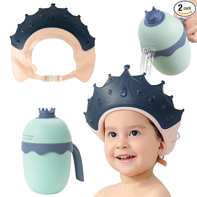 FUNUPUP Baby Shower Cap for Kids with Bath Rinse Cup, Adjustable Toddler Hair Washing Shampoo Shield Hat Baby Bath Visor Shower Hat for Kids（Crown Blue)