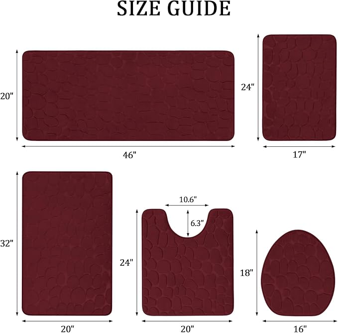 YIHOUSE Bathroom Rugs Mat Set, Memory Foam Bath Mat 5 Piece Red | Non Slip, Water Absorbent, Washable, Bath Mat For Bathroom, Sink and Toilet