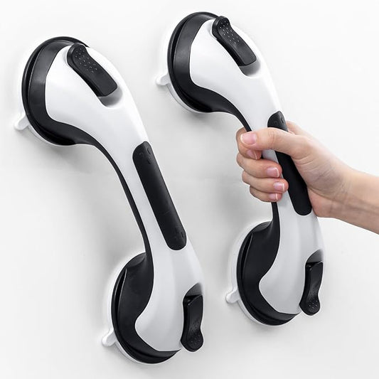 LEVERLOC Grab Bars for Shower 2 Pack Suction Bathtub Safety Rails, Heavy Duty 12 Inch Shower Handle Removable Bath Handrails for Seniors and Elderly, Bathroom Safety Grip No Drilling Waterproof Black