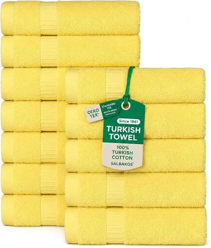 SALBAKOS 100% Turkish Cotton Washcloth Set of 12 13x13 inch | Premium Quality | Hotel & Spa Collection | Ultra Soft, Super Absorbent, Washcloth Towels | Made in Turkey (Yellow, 12 Washcloths)