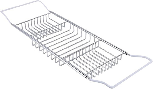 POCREATION Stainless Steel Bathtub Caddy Tray, Expandable 63.5 to 97.5cm / 25 to 38.4in, Modern Bath Organizer (Silver)