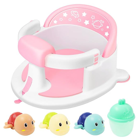 Baby Bath Seat 6M+, Non-Slip Cushion, CPSC Certified, 5-Pc Set, Pink | BPA-free PP+TPR, easy-release handle, ergonomic backrest, lightweight & portable, available in pink
