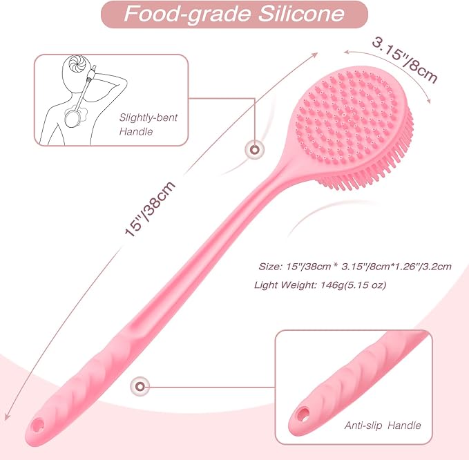 Manmihealth Silicone Back Scrubber (Thick Bristles) & Bath Glove & Face Brush Set (3PCS), Super-Exfoliating & Lathering Body Scrubber, Shower Brush, Face Scrubber Combination, with a Free Hook (Pink)