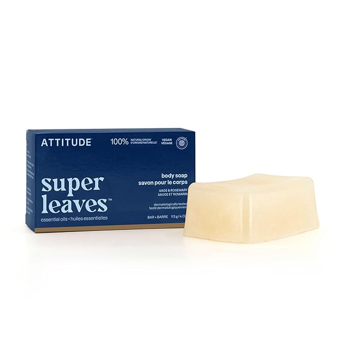 ATTITUDE Body Soap Bar, Natural Origin,Protects and Softens Dry Skin, Coconut & Olive Oils, For Men and Women, EWG verified & Vegan, Sage & Rosemary, 4 Oz