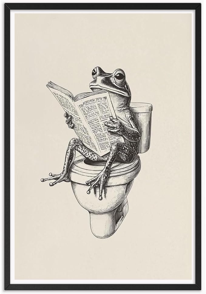 Frog on Toilet Poster – Funny Animal Bathroom Canvas Wall Art Quirky Black & White Frog Reading Newspaper Painting for Playful Restroom Living Room and Bedroom Decor 24X36 in Black Framed