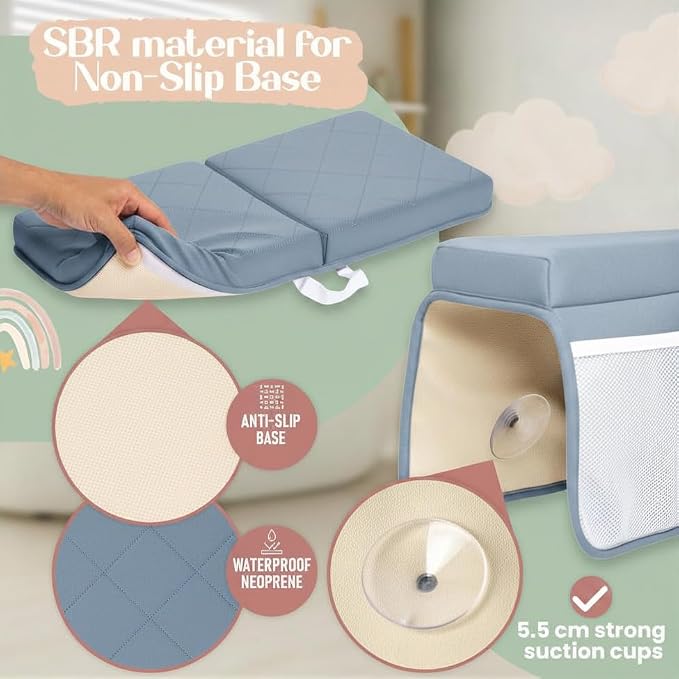 2inch XL Baby Bath Kneeler and Elbow Rest Pad Set + Hooded Towel - Embroidered Kneeling Pad for Bathing Baby - Dual-Layer Memory Foam Bathtub Kneeler and Elbow Rest Set