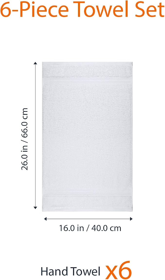 Amazon Basics 100% Cotton Hand Towels, Fade-Resistant, Soft and Absorbent, 16 x 26 inches, White, 6-Pack